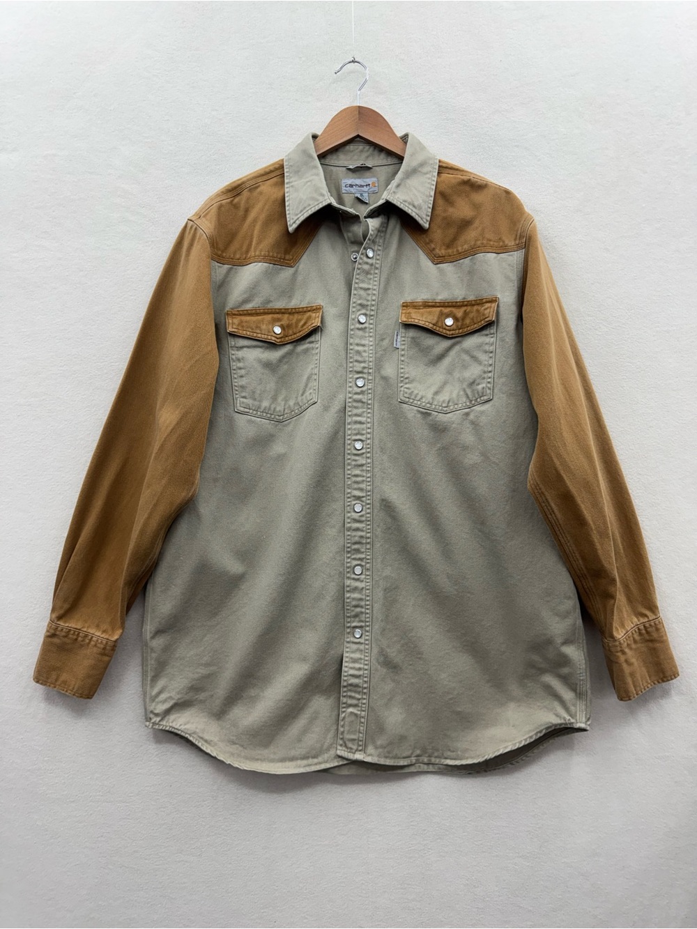 Vintage Carhartt Men’s XL Tall Canvas Shirt Tan Brown Pearl Snap